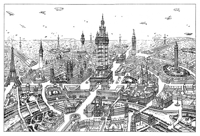 Future Street, 1911. A town of the future. View from an aeroplane. Eugène Hénard
